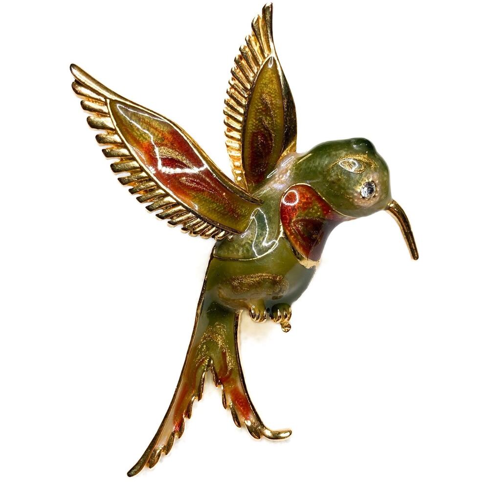 Painted Gold Toned Enamel Hummingbird with Rhinestone Eye and Lined Brocade Bag